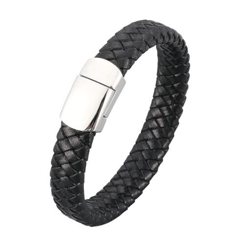 Beydodo Herren Armbänder mit Gravur, Leder Armband 12MM mit Magnetverschluss Partnerarmband Schwarz Leder 20.5CM von Beydodo