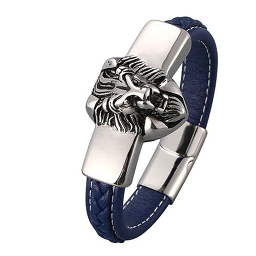 Beydodo Herren Armband Leder Personalisiert, Partner Armbänder Löwe 12MM mit Magnetverschluss Charms Armband Blau Leder 20.5CM von Beydodo