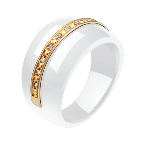 Beydodo Herren Damen Ringe Keramik, Unisex Ring 14MM Bicolor mit Zirkonia Freundschaftsring Ring Personalisiert Weiß Gold Gr.52 (16.6) von Beydodo