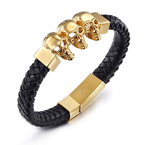 Beydodo Herren Edelstahl Armband Partner Schwarz Gold Geflochtenes Lederarmband Totenkopf Charm Armbänder Freundschaftsarmband 22CM von Beydodo