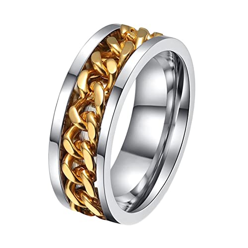 Beydodo Herren Ringe Edelstahl, Männer Ring Spinner Ring 8MM mit Kette Bandring Freundschaftsring Ring Personalisiert Silber Gold Größe 70 (22.3) von Beydodo