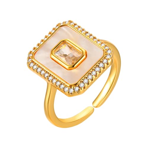 Beydodo Kupfer Ringe Frauen, Ring Personalisiert Rechteck mit Zirkonia Muschel Offen Freundschaftsringe Partnerringe Damen Ringe Gold Verstellbar von Beydodo