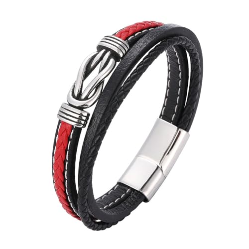 Beydodo Leder Armbänder für Männer Gravur, Armband Herren 12MM 3-Layer mit Knoten Charms Armbänder Magnetverschluss Partnerarmband Schwarz Rot 16.5CM von Beydodo