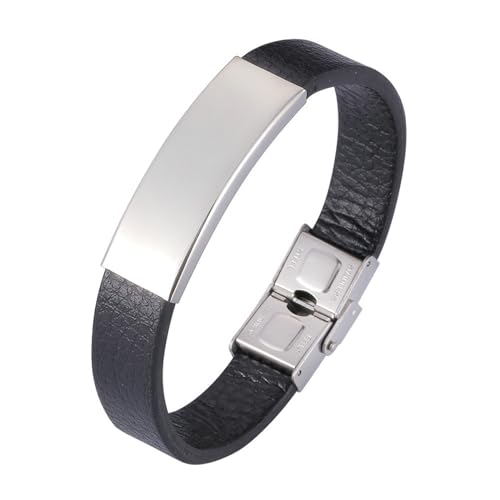 Beydodo Leder Armbänder für Männer Gravur, Armband Herren 12MM mit Schild Charms Armbänder Sicherheitsverschluss Partnerarmband Schwarz 18.5CM von Beydodo