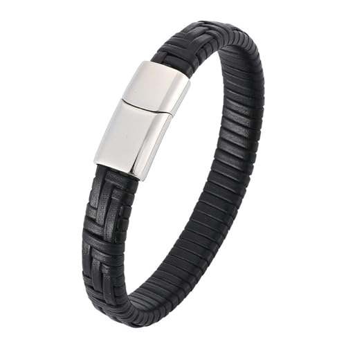 Beydodo Leder Armbänder für Männer mit Gravur, Charms Armband 12MM Gewebt mit Magnetverschluss Personalisiertes Armband Herren 18.5CM Schwarz von Beydodo