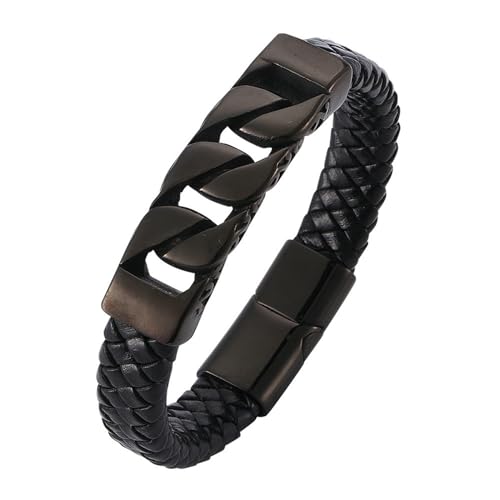 Beydodo Leder Armbänder für Männer mit Gravur, Charms Armband 12MM Kette mit Magnetverschluss Personalisiertes Armband Herren 18.5CM Schwarz von Beydodo