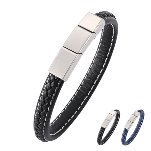 Beydodo Leder Armbänder für Männer mit Gravur, Charms Armband 8MM mit Magnetverschluss Personalisiertes Armband Herren 18.5CM Schwarz Blau von Beydodo
