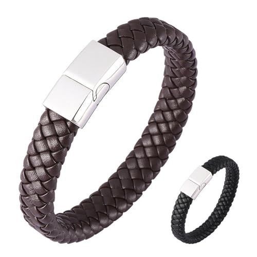 Beydodo Leder Armband Männer mit Gravur, Partnerarmbänder Leder Geflochten 12MM mit Magnetverschluss Charms Armband Schwarz Braun 18.5CM von Beydodo
