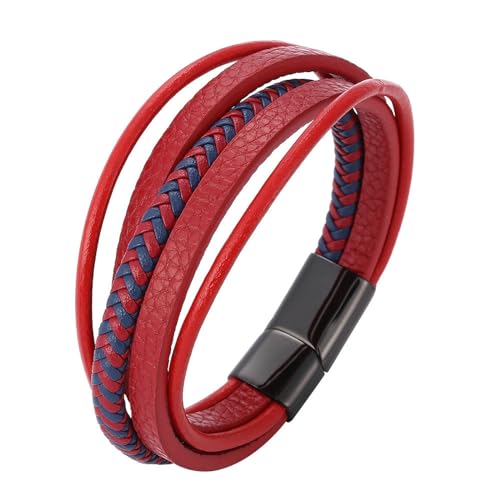 Beydodo Leder Armband Männer mit Gravur, Partnerarmbänder Leder Mehrschichtig 12MM mit Magnetverschluss Charms Armband Rot Blau 20.5CM von Beydodo