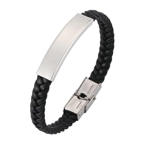 Beydodo Lederarmbänder für Männer, Armband Herren Personalisiert 8MM mit Schild Edelstahl Sicherheitsverschluss Charms Armband Schwarz 18.5CM von Beydodo