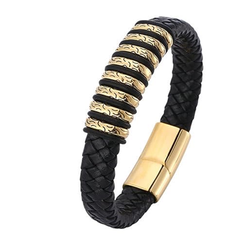 Beydodo Lederarmband Herren 12MM Schwarz Gold, Charms Armbänder Personalisiert mit Gemustert Partner Armband Leder 20.5CM Magnetverschluss von Beydodo