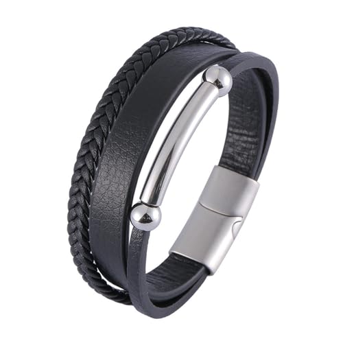 Beydodo Lederarmband Herren mit Gravur, Partner Armbänder Leder 3-Layer Geflochten mit Magnetverschluss Charms Armband Personalisiert Schwarz 20.5CM von Beydodo