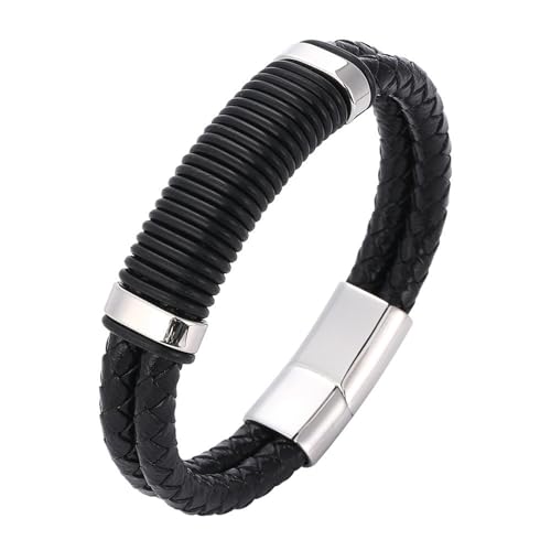 Beydodo Lederarmband Männer Gravur, Herren Armbänder Personalisiert 2-Layer Geflochten mit Gestreift Magnetverschluss Partner Armband Leder Schwarz 18.5CM von Beydodo