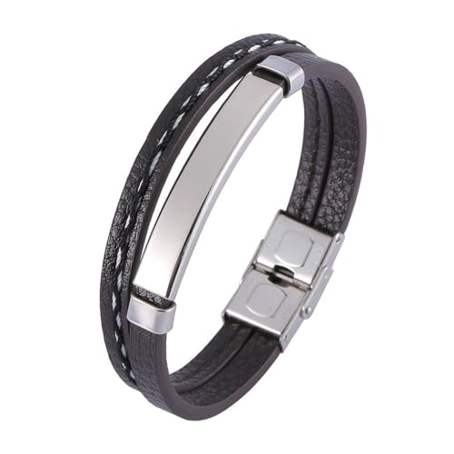 Beydodo Lederarmband Männer Gravur, Herren Armbänder Personalisiert 2-Layer mit Schild Sicherheitsverschluss Partner Armband Leder Schwarz 18.5CM von Beydodo