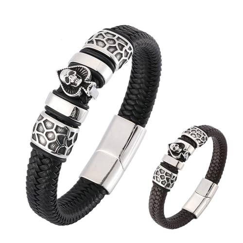 Beydodo Lederarmband Männer mit Gravur, Herren Armbänder Personalisiert Poker Totenkopf mit Magnetverschluss Partner Armband Leder Schwarz Braun 20.5CM von Beydodo