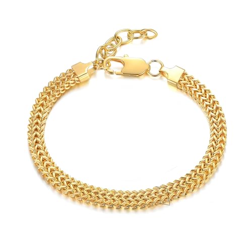 Beydodo Männer Armbänder Edelstahl, Armband Herren Personalisiert 6.4MM Weizenkette Gliederarmband Freundschaftsarmband Armband Charms Gold 25CM von Beydodo