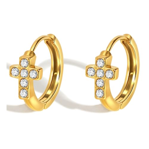 Beydodo Ohrringe Creolen Edelstahl Vergoldet Mädchen, Creolen Kreuz mit Zirkonia Gold Ohrringe Nickelfrei Modeschmuck von Beydodo