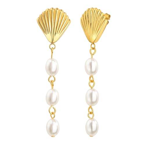 Beydodo Ohrringe Damen Edelstahl Vergoldet, Ohrringe Hängend Muschel mit Perlen Ohrringe Gold Nickelfrei Modeschmuck von Beydodo