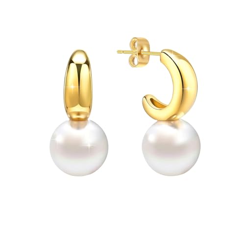 Beydodo Ohrringe Edelstahl Vergoldet Damen, Ohrstecker C Form mit Perle Gold Ohrringe Nickelfrei Modeschmuck von Beydodo