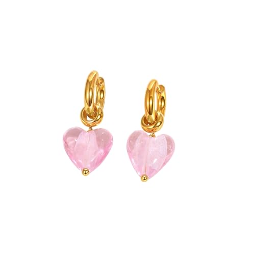 Beydodo Ohrringe Edelstahl Vergoldet Mädchen, Creolen mit Anhänger Rosa Herz Ohrringe Nickelfrei Damen Gold von Beydodo