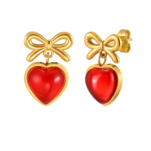 Beydodo Ohrringe Edelstahl Vergoldet Mädchen, Ohrstecker Rot Herz und Knoten Ohrringe Nickelfrei Damen Gold von Beydodo
