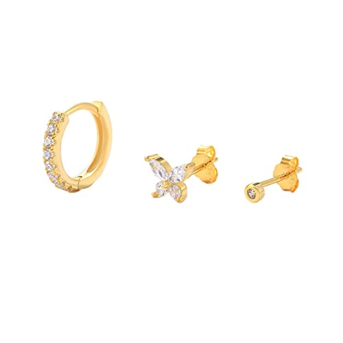 Beydodo Ohrringe Silber 925, Creole Ohrstecker Damen Blume Hoop mit Zirkonia Gold Ohrringe 3er Set Nickelfrei Modeschmuck von Beydodo