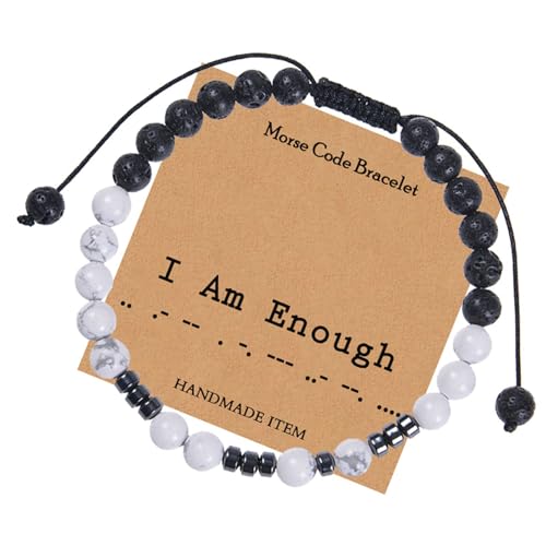 Beydodo Paar Armbänder Verstellbar, Chakra Armband Perlen 6MM Howlith Schwarz Lavagestein mit Morsealphabet I Am Enough Charms Armbänder für Männer und Frauen von Beydodo