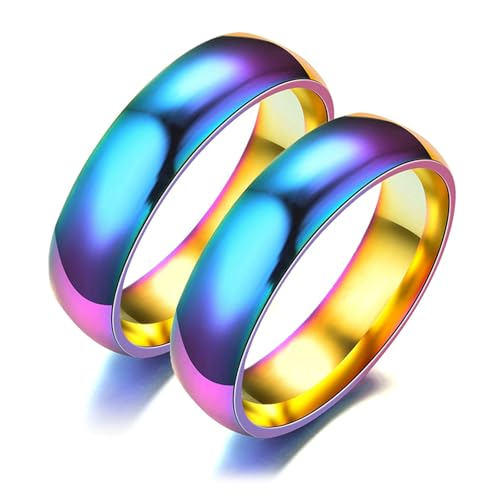 Beydodo Paar Ringe mit Gravur, Verlobungsringe Edelstahl 6MM Regenbogen Trauringe Partnerringe Personalisiert Damen Gr.65 (20.7) + Herren Gr.67 (21.3) von Beydodo