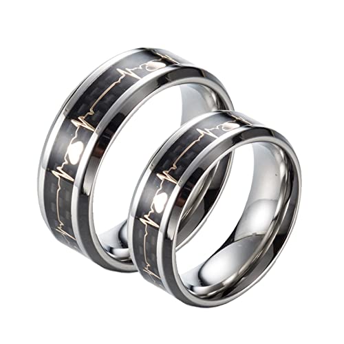 Beydodo Paarringe Edelstahl, Verlobungsringe Partnerringe für Sie und Ihn, Herzschlag Ringe Silber mit Schwarz Kohlefaser Damen Gr.57 (18.1) + Herren Gr.62 (19.7) von Beydodo