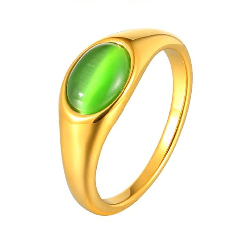 Beydodo Ringe Edelstahl Vergoldet Damen, Frauen Ring Personalisiert Solitär mit Grün Katzenaugenstein Partnerringe Freundschaftsringe Gold Ringe Nickelfrei Gr.52 (16.6) von Beydodo