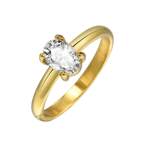 Beydodo Ringe Edelstahl Vergoldet Damen, Frauen Ring Personalisiert Solitär mit Oval Zirkonia Partnerringe Freundschaftsringe Gold Ringe Nickelfrei Gr.52 (16.6) von Beydodo