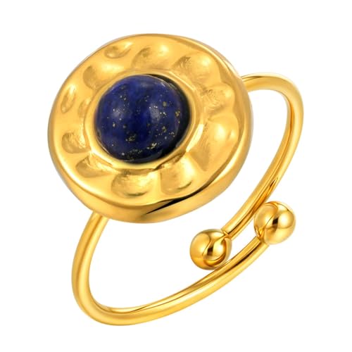 Beydodo Ringe Edelstahl Vergoldet Damen, Ring Personalisiert Blume Solitär mit Lapislazuli Offen Partnerringe Gold Ringe Frauen Einstellbar von Beydodo