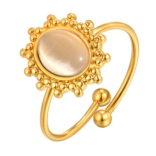 Beydodo Ringe Edelstahl Vergoldet Damen, Ring Personalisiert Blume mit Katzenaugenstein Offen Partnerringe Gold Ringe Frauen Einstellbar von Beydodo