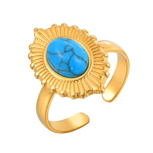 Beydodo Ringe Edelstahl Vergoldet Damen, Ring Personalisiert Blume mit Oval Türkis Offen Partnerringe Gold Ringe Frauen Einstellbar von Beydodo