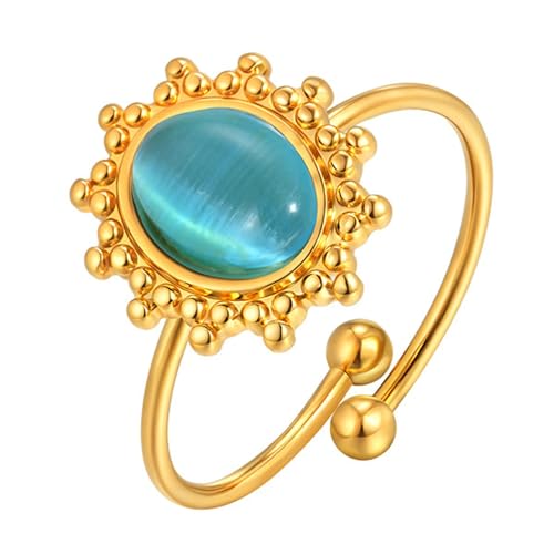 Beydodo Ringe Edelstahl Vergoldet Gold, Damen Ring Personalisiert Blume mit Katzenaugenstein Offen Partnerringe Frauen Ringe Nickelfrei Einstellbar von Beydodo