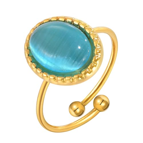 Beydodo Ringe Edelstahl Vergoldet Gold, Damen Ring Personalisiert Solitär mit Blau Katzenaugenstein Offen Partnerringe Frauen Ringe Nickelfrei Einstellbar von Beydodo