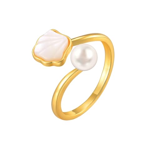 Beydodo Ringe Kupfer Gold, Damen Ring Personalisiert Muschel und Perle Partnerringe Frauen Ringe Nickelfrei Einstellbar von Beydodo