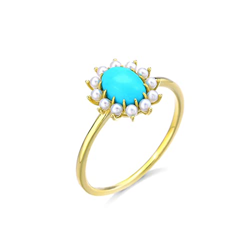 Beydodo Ringe für Damen 750 Gold, Trauringe Blume mit Oval Türkis und Perlen Gold Ringe Verlobung und Hochzeit Gr.47 (15.0) von Beydodo