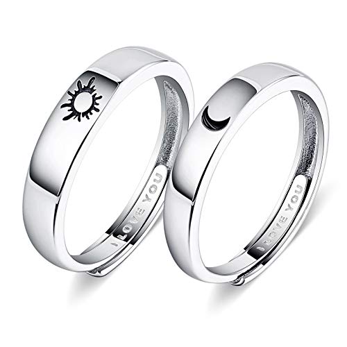 Beydodo Verlobungsring Paar 925 Silber Ringe Set, Partnerringe Verstellbar mit Gravur I Love You Sonne und Mond Ringe Silber Trauringe und Ehering Nickelfrei von Beydodo