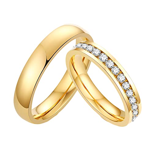 Beydodo Verlobungsringe Paar Ringe Edelstahl, Eheringe mit Gravur Partnerringe für 2,Gold Schmal Ring 4MM mit Zirkonia Damen Gr.57 (18.1) + Herren Gr.57 (18.1) von Beydodo