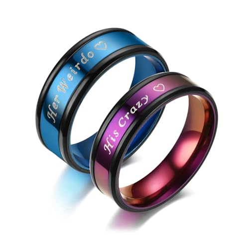 Beydodo Verlobungsringe mit Gravur, Edelstahl Ringe Paar 6MM 8MM His Carzy Her Weirdo mit Zirkonia Partnerringe für Sie und Ihn Damen Gr.60 (19.1) + Herren Gr.70 (22.3) von Beydodo