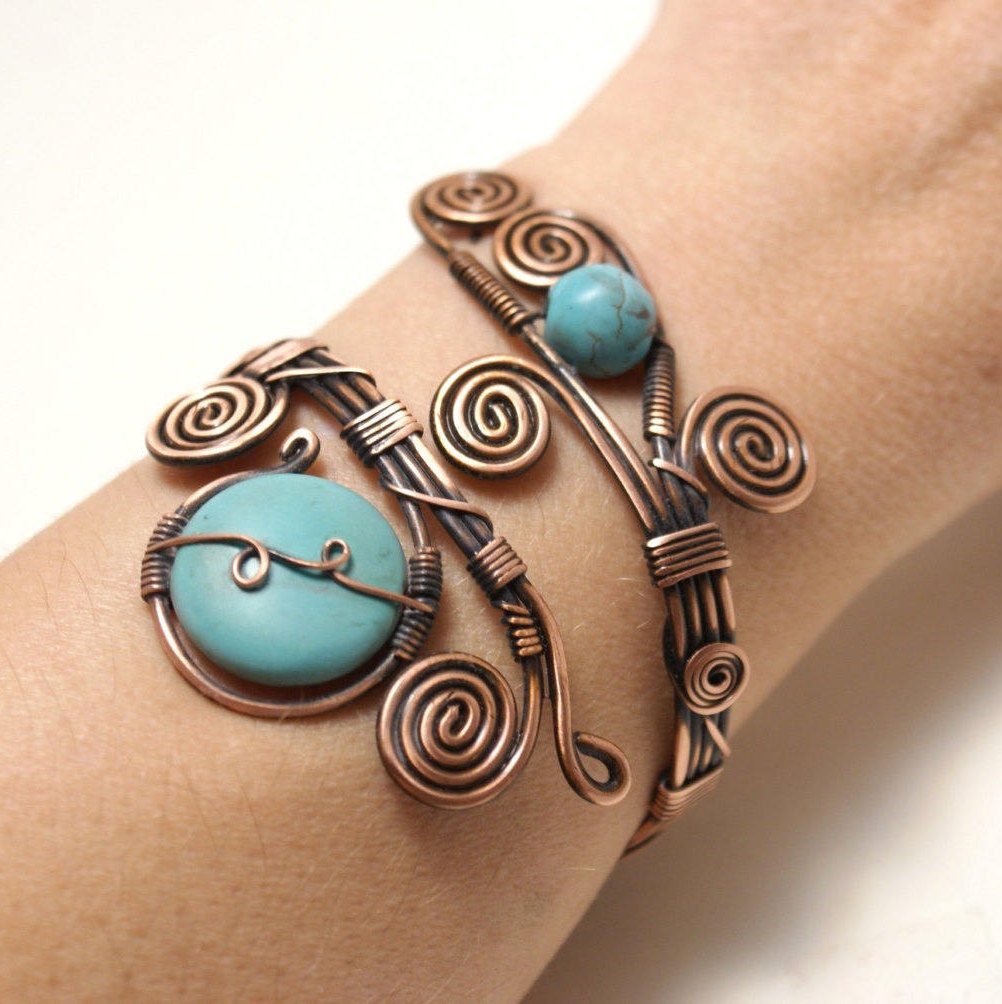 Kupfer Türkis Armband, Manschette Echtes Schmuck, Kupferschmuck, Wire Wrapped Schmuck von BeyhanAkman
