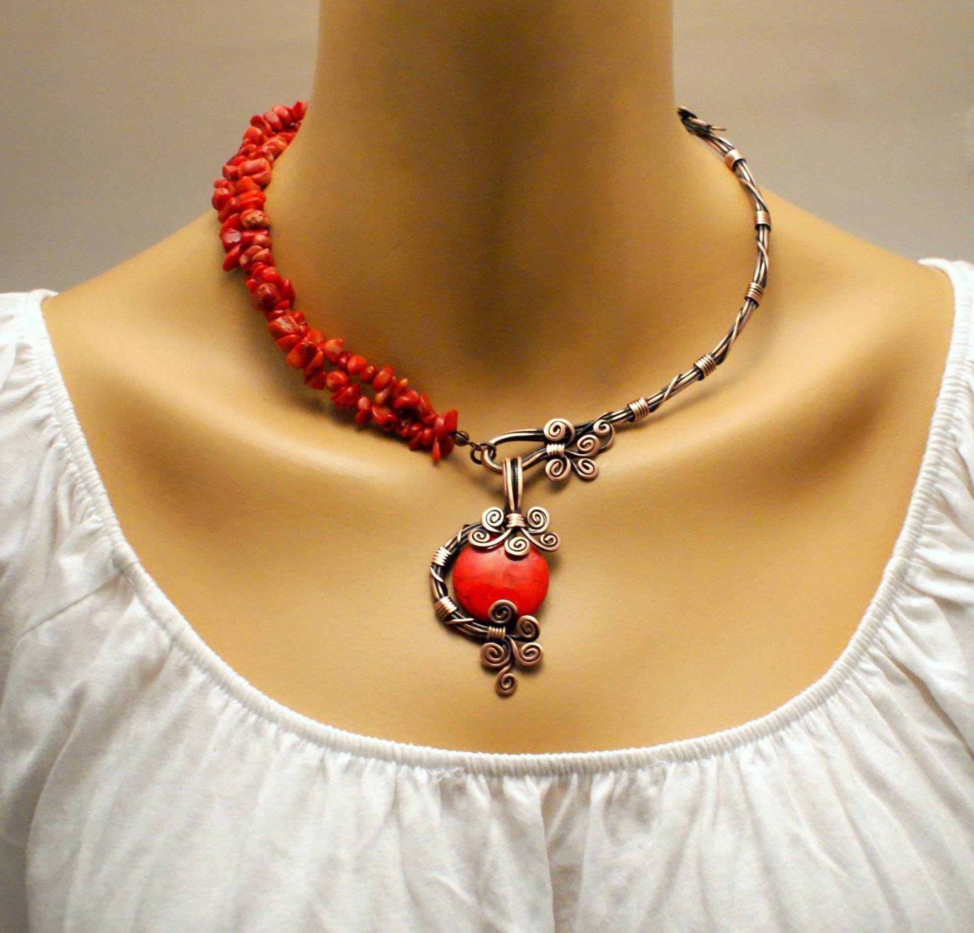 Rote Koralle Halskette Statement Kupfer Schmuck Für Frauen Wire Wrapped Roter Edelstein 70.geburtstag Geschenk Mama von BeyhanAkman