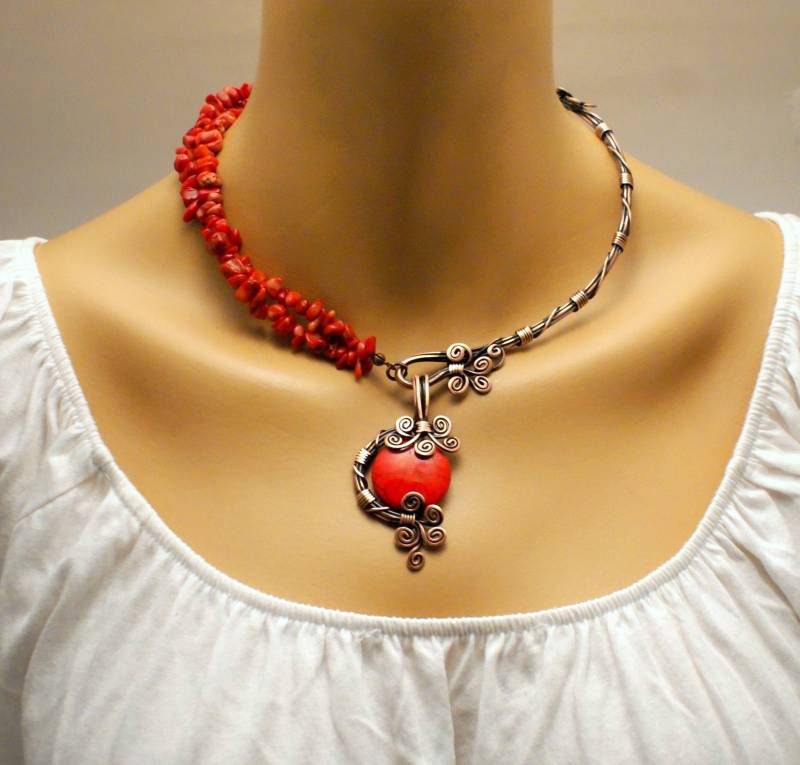 Rote Koralle Halskette Statement Kupfer Schmuck Für Frauen Wire Wrapped Roter Edelstein 70.geburtstag Geschenk Mama von BeyhanAkman