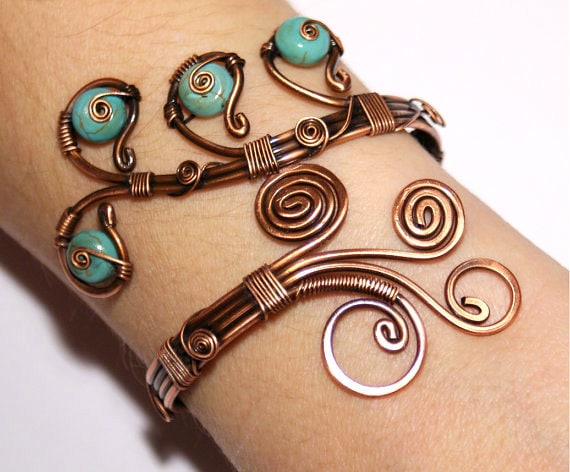 statement-Armband Verstellbar Blau Türkis Draht Gewickelt Schmuck Manschettenarmband Kupfer Schmuck von BeyhanAkman