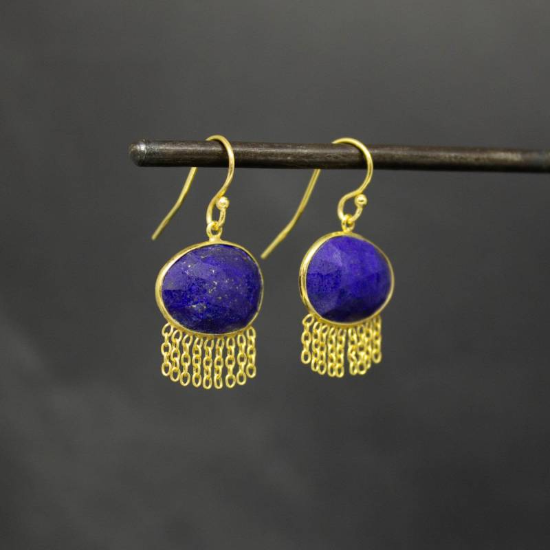 Lapislazuli Ohrringe, Gold Und Edelstein Hängeohrringe, Vermeil Kettenohrringe von BeyondBiasa