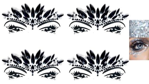 4 Stückt Gesicht Glitzerstein Gesicht Edelsteine Aufkleber Glitter Strasssteine Gesicht Make-Up und Glitzer Silber BFG34x4 schwarz von BeyondTattoos