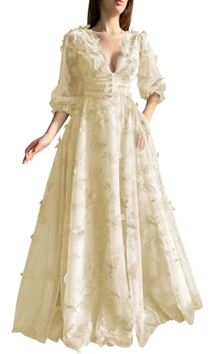 3D Schmetterling Abendkleider Puffy Ärmel Stickerei V-Ausschnitt A Linie Formale Ballkleider für Frauen mit Schlitz(B-Champagne,38) von Beyonddress