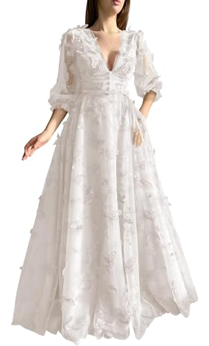 3D Schmetterling Abendkleider Puffy Ärmel Stickerei V-Ausschnitt A Linie Formale Ballkleider für Frauen mit Schlitz(B-Elfenbein,52) von Beyonddress