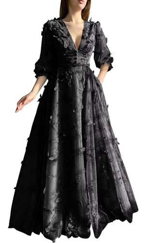 3D Schmetterling Abendkleider Puffy Ärmel Stickerei V-Ausschnitt A Linie Formale Ballkleider für Frauen mit Schlitz(B-Schwarz,46) von Beyonddress
